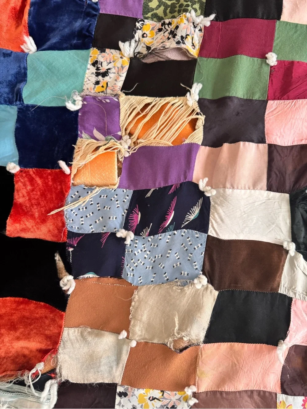 Vintage Heirloom Patchwork Quilt 75x70 Mixed Fabric Boho Cutter Quilt AS IS